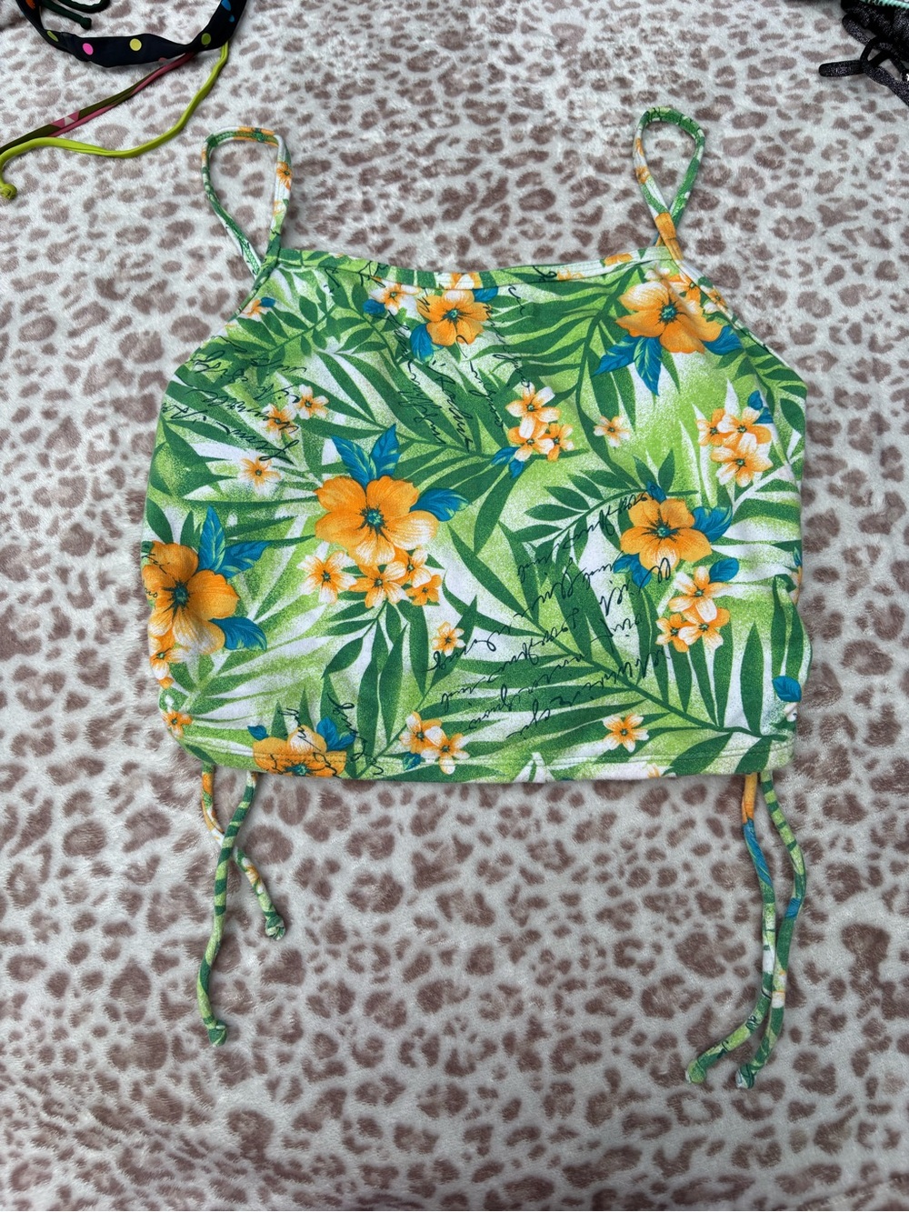 Vintage Sand N Sun Hawaiian Tropical Green and Orange Floral Crop Tank Top Large